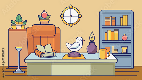 The ministers office was a cozy and inviting space with soft lighting and warm colors. On the desk a crystal figurine of a dove symbolized peace while. Cartoon Vector.