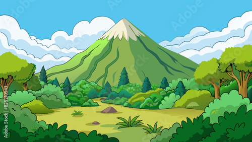 The mountain in the distance rose high into the sky its peak often shrouded in mist and its sides covered in lush greenery.. Cartoon Vector.