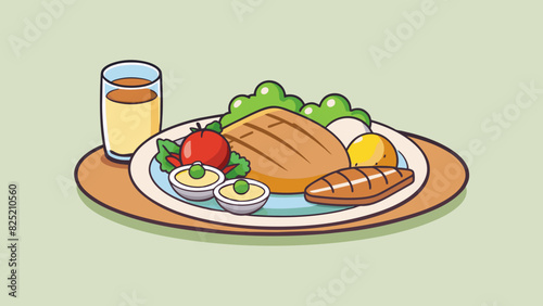 The meal was simply delicious with a perfectly grilled chicken accompanied by roasted vegetables and a light vinaigrette dressing. No fancy. Cartoon Vector.