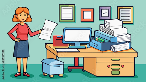 The office worker clicked send on her computer a stack of neatly printed papers ready to be delivered to her boss. She marveled at how quickly the. Cartoon Vector.