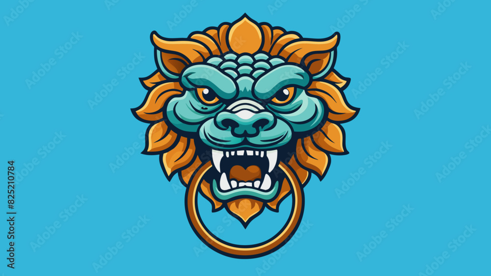 The ornate lion head design on the doorknocker had a fierce expression and intricate details with a large ring hanging from its snarling mouth.. Cartoon Vector. The ornate lion head design on the doorknocker had a fierce expression and intricate details with a large ring hanging from its snarling mouth.. Cartoon Vector.