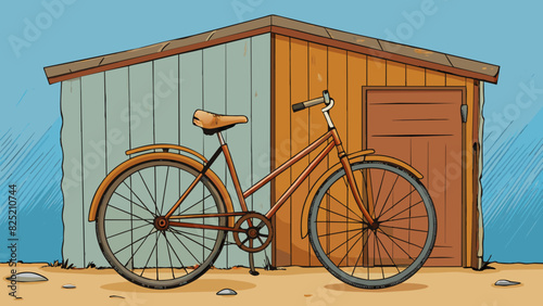 The old rusty bicycle leans against the shed its worn tires and chipped paint reflecting years of use. Despite its worn appearance it holds a special. Cartoon Vector.