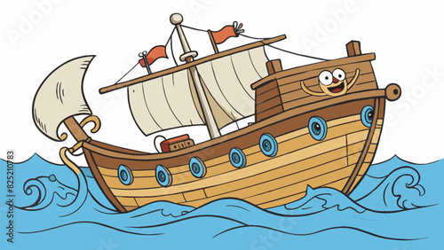 The old weathered sailboat named Jack creaked and swayed on the waves. His tattered sails and rusty anchor showed signs of many voyages on the open. Cartoon Vector.