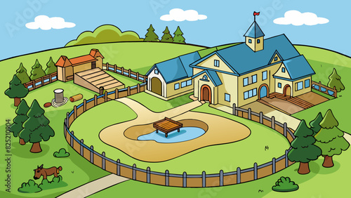 The property was a sprawling ranch with acres of land and a gated entrance. The house was made of stone and had a large circular driveway. The. Cartoon Vector.