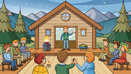 The proposal for a team building retreat includes a cozy cabin setting team building activities and rustic decor.. Cartoon Vector.