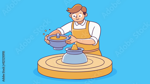 The potters wheel smoothly turns under the skilled hands of the artist shaping a lump of clay into a beautiful vase. As the wheel spins the clay. Cartoon Vector.