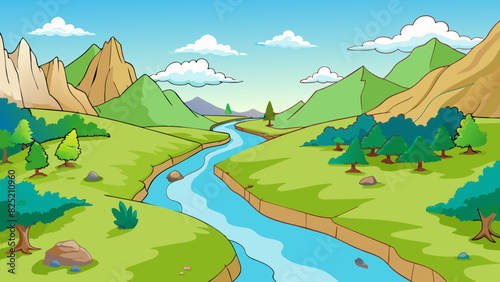 The river flowed lazily through the valley its long current reflecting the lush greenery on its banks. The gentle sound of water trickling over rocks. Cartoon Vector.