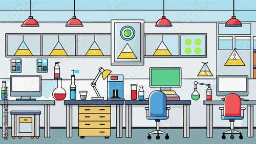 The research and development department is a laboratorystyle space with white walls and sleek modern equipment. There are rows of workstations topped. Cartoon Vector.