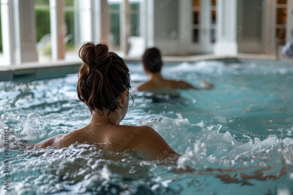 Luxury Resort Spa Hydrotherapy Pool with Female Therapist Guiding Water-Based Exercises for Relaxation and Muscle Relief