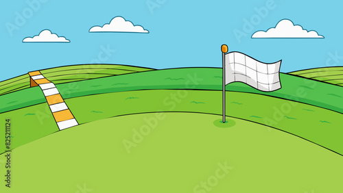 The second goal is a green meadow stretching as far as the eye can see. In the distance there is a white flag fluttering in the wind marking the. Cartoon Vector.