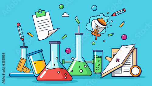 The scientists lab turned into a chaotic mess with papers and test tubes tered everywhere but anyhow the results of the experiment were. Cartoon Vector.