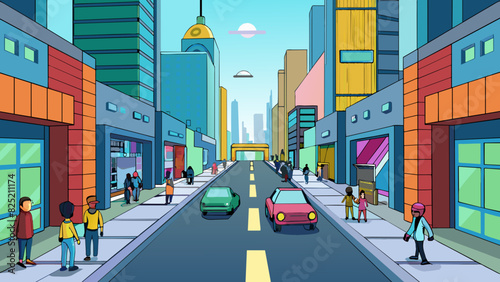 The second level takes place in a busy city street with tall skyscrs lining both sides. The pavement is clean and there are people rushing by some on. Cartoon Vector.