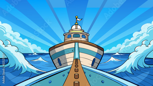 The ships bow pointed straight ahead plowing through the deep blue ocean. The rhythmic sound of the waves crashing against the sy hull created a sense. Cartoon Vector.