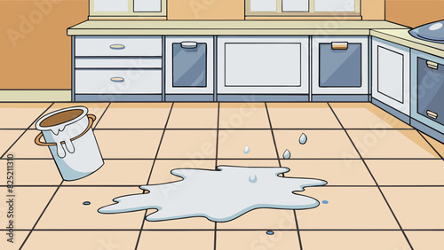 The spilled milk on the kitchen floor was caused by a careless arm knocking over the glass creating a white sticky puddle with a faint smell.. Cartoon Vector.