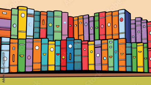  The spines of the books are almost touching creating a wall of colors and titles.. Cartoon Vector.