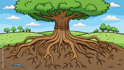 The sprawling tree was a true marvel of nature its thick roots digging deep into the earth while its branches stretched endlessly towards the sky.. Cartoon Vector.