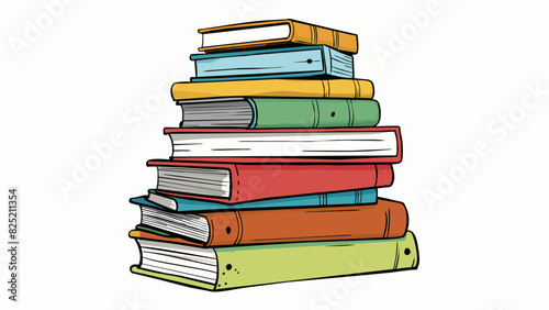 The stack of books on the shelf stood extra tall their spines worn from years of use and filled with handwritten notes.. Cartoon Vector.