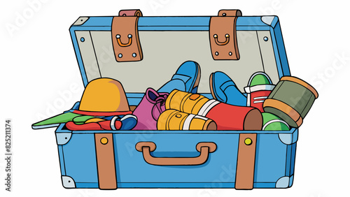 The suitcase was heavy with all the clothes and shoes packed inside making it difficult for the traveler to lift and place into the overhead. Cartoon Vector.