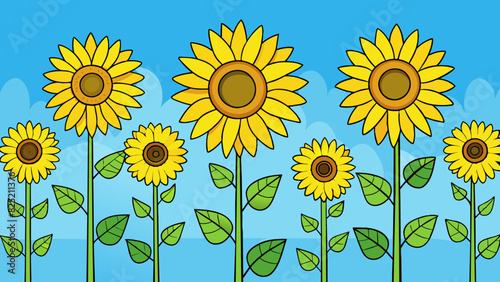 The sunflowers stood tall and proud their vibrant yellow petals reaching towards the clear blue skies of July.. Cartoon Vector.