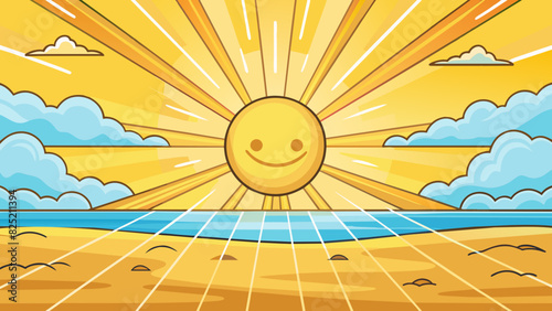 The sun beaming down the beach in warm golden light. Its bright rays are as bright as a spotlight illuminating the sand with a radiant glow.. Cartoon Vector.