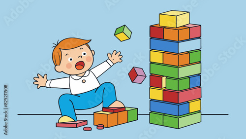 The toddlers block tower wobbled precariously before finally tumbling down in a colorful explosion of wooden pieces. The child let out a satisfied. Cartoon Vector.