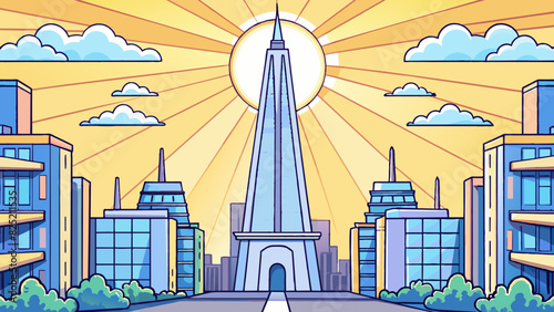 The towering structure stood proudly in the center of the bustling city its sharp edges and smooth walls reflecting the bright sunlight. It served as. Cartoon Vector.