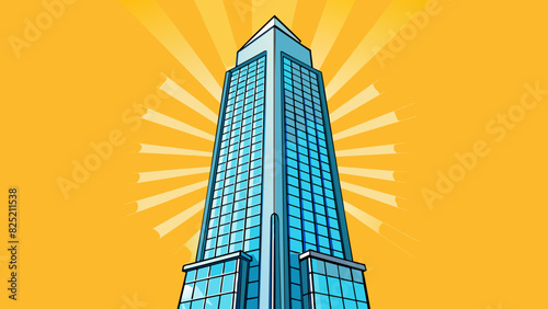 The towering skyscr rose high into the sky with long rows of windows glinting in the sunlight. Its sleek and modern design gave the impression of. Cartoon Vector.