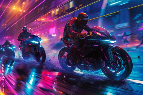 Superhero Dogs in High-Speed Chase Through Neon Futuristic City - Action-Packed Adventure © spyrakot