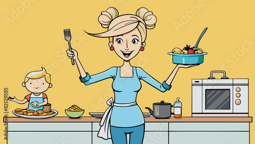 The user is a busy mom in her midthirties with a phone constantly in hand. She is wearing yoga pants and a messy bun multitasking as she checks emails. Cartoon Vector.