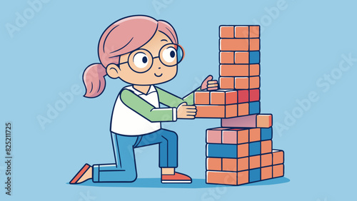 The young girl carefully stacked her blocks nearly completing her impressive tower before it came tumbling down.. Cartoon Vector.