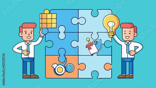 Think of a jigsaw puzzle each tiny piece representing a task or process within a project. PM is the process of connecting and fitting these pieces. Cartoon Vector.