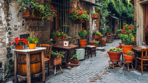 Photo of a charming outdoor café with colorful flower pots and rustic wooden tables and chairs along a cobblestone street.