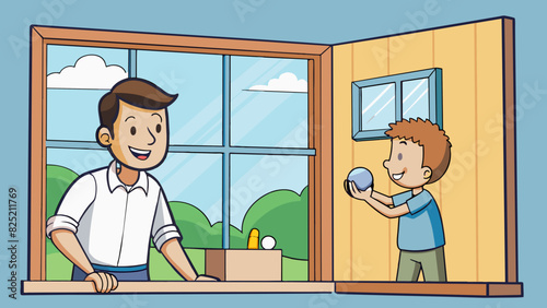 Through the window a husband could be seen playing catch with his young son patiently teaching him how to throw a baseball. His patience and love for. Cartoon Vector.