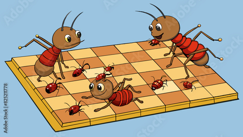 Tiny ants tirelessly scurry throughout the picnic blanket searching for crumbs and bits of food left behind by the humans. Their diligent movements. Cartoon Vector.