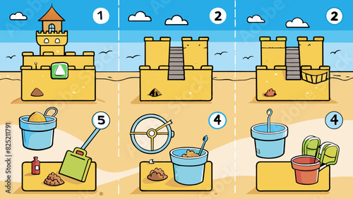To build a sandcastle first find a spot on the beach with soft damp sand. Then gather buckets and shovels which should be made of durable plastic.. Cartoon Vector.