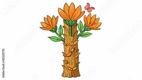This plant has a thick woody trunk with rough bark covered in deep grooves and ridges. Its wide y leaves are a vibrant shade of orange almost like a. Cartoon Vector.