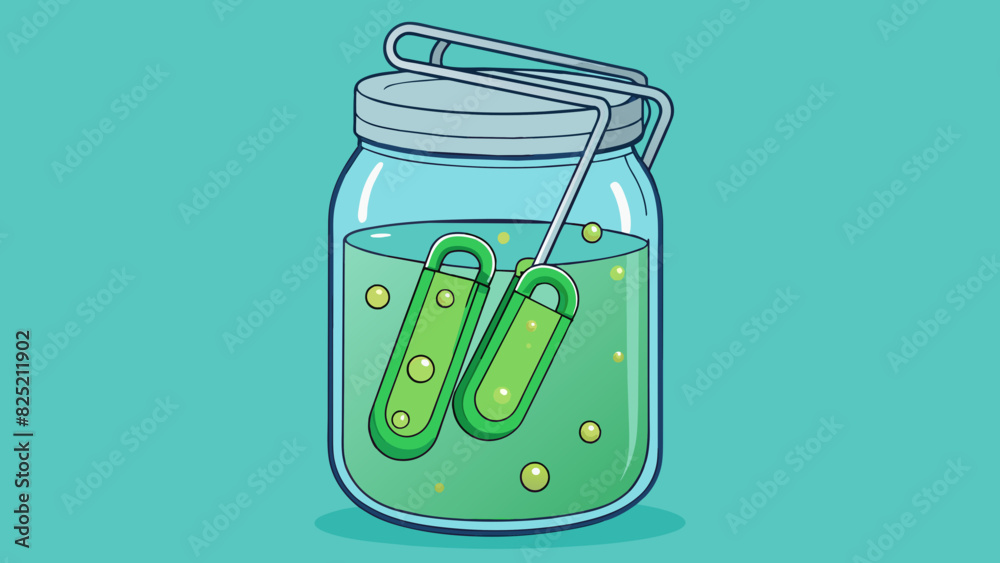 Two metal paper clips submerged in a jar of vinegar resulting in bubbles forming on the surface of the clips and the liquid turning a pale green. Cartoon Vector. Two metal paper clips submerged in a jar of vinegar resulting in bubbles forming on the surface of the clips and the liquid turning a pale green. Cartoon Vector.
