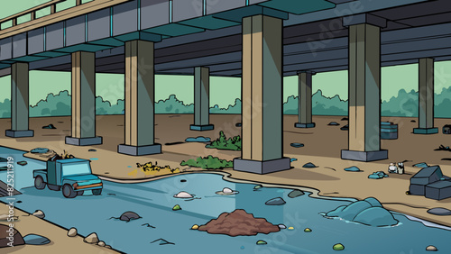 Under the bridge A dark and damp area with concrete pillars supporting a large bridge overhead. The ground is littered with discarded trash and the. Cartoon Vector.