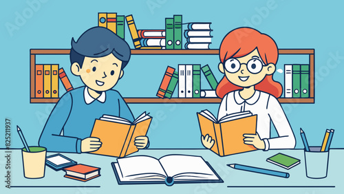 Two students studying together in a quiet library their textbooks and notes spread out on the table. They discuss their notes quiz each other and. Cartoon Vector.