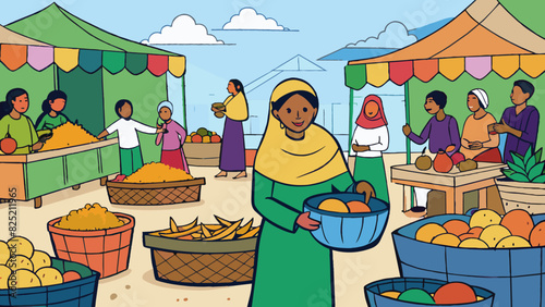 Walking through a traditional market youll find vendors selling handwoven baskets freshly picked fruits and vegetables and colorful handmade textiles.. Cartoon Vector.