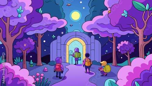 Upon entering the enchanted forest the travelers could hardly believe their eyes. The trees were a vibrant shade of purple with leaves that seemed to. Cartoon Vector.