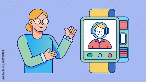 When receiving a call a person presses a button on their smarch and answers the call through the devices small display. The voice of the caller can be. Cartoon Vector.