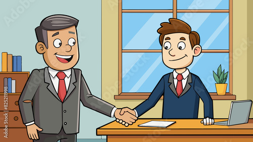 When the customer entered the office the staff member greeted them with a warm smile and reached out with a firm handshake. Their dark suit was. Cartoon Vector.