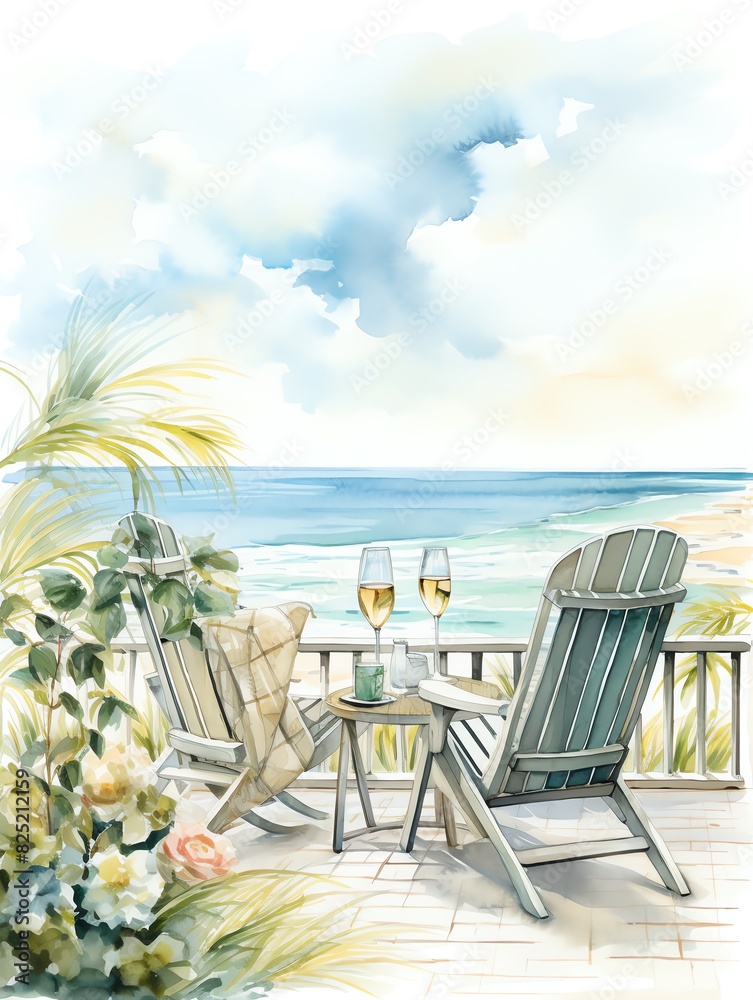 Two chairs on a porch overlooking the ocean with a glass of wine.