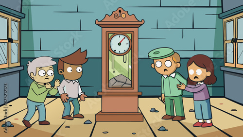 While exploring an abandoned house a group of friends stumble upon an old grandfather clock. The clocks hands are frozen at 3 oclock and the glass. Cartoon Vector.