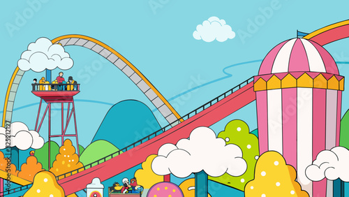 While waiting in line at the amut park I noticed a bright colorful rollercoaster in the distance. It towered over the rest of the rides with twists. Cartoon Vector. photo
