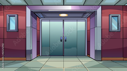 With a flick of a switch the elevator begins to slowly arise from the ground floor. Its sleek metallic doors open to reveal a mirrored interior. Cartoon Vector.