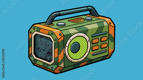 With a bold rugged exterior this speaker was made for the outdoors. Its rubberized coating and waterproof construction made it durable and ready for. Cartoon Vector.