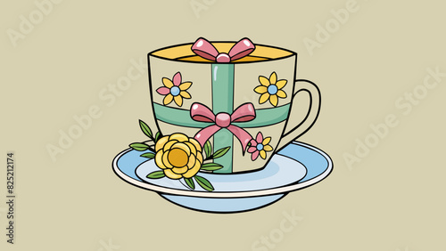 With a gentle shake the wrapped present revealed a beautiful porcelain teacup delicately painted with colorful flowers and a gold rim.. Cartoon Vector.