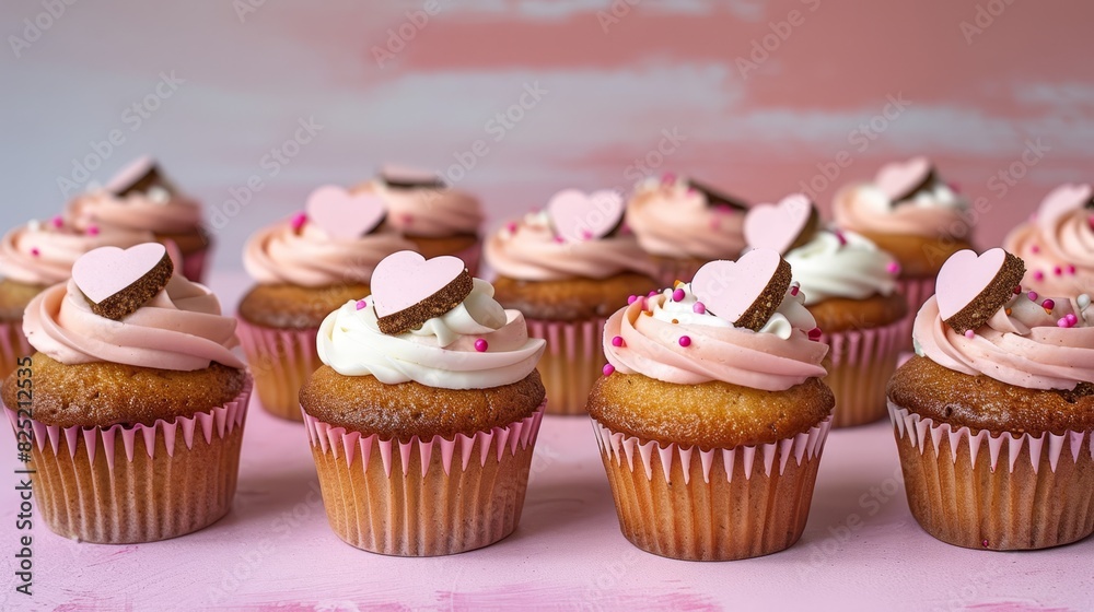 Photo of a cute pink cupcake with a heart decoration and sugar sprinkles, set against a polka dot background.